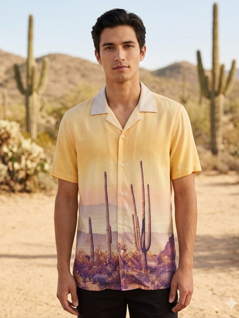 XS Men's Sunset Desert Cactus Print Short-Sleeve Button Down Shirt